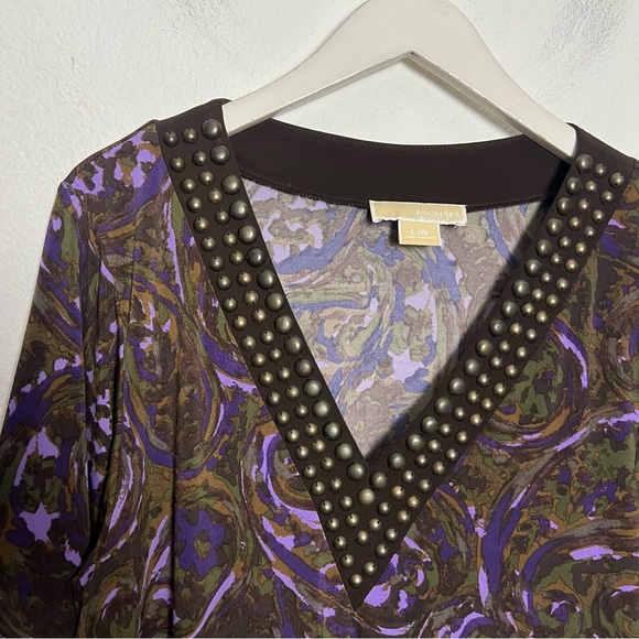 Michael Michael Kors Embellished Bell Sleeve Tunic Mini Dress Brown Paisley L - Picture 3 of 7
